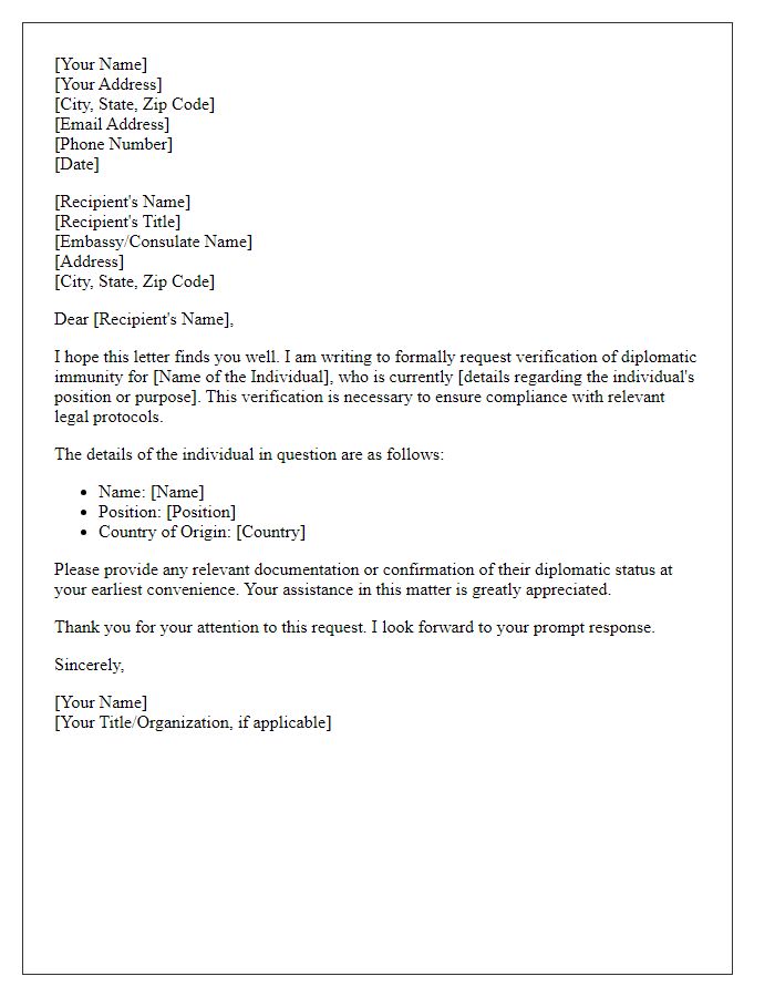 Letter template of formal request for verification of diplomatic immunity.