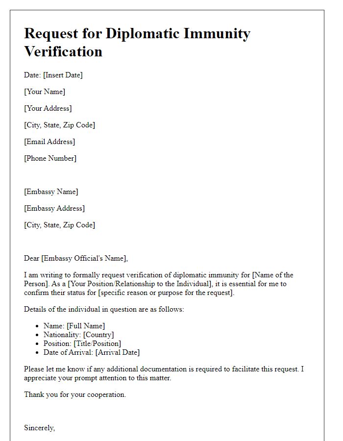 Letter template of request for embassy diplomatic immunity verification.