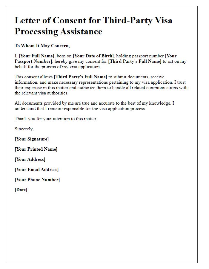 Letter template of consent for third-party visa processing assistance.