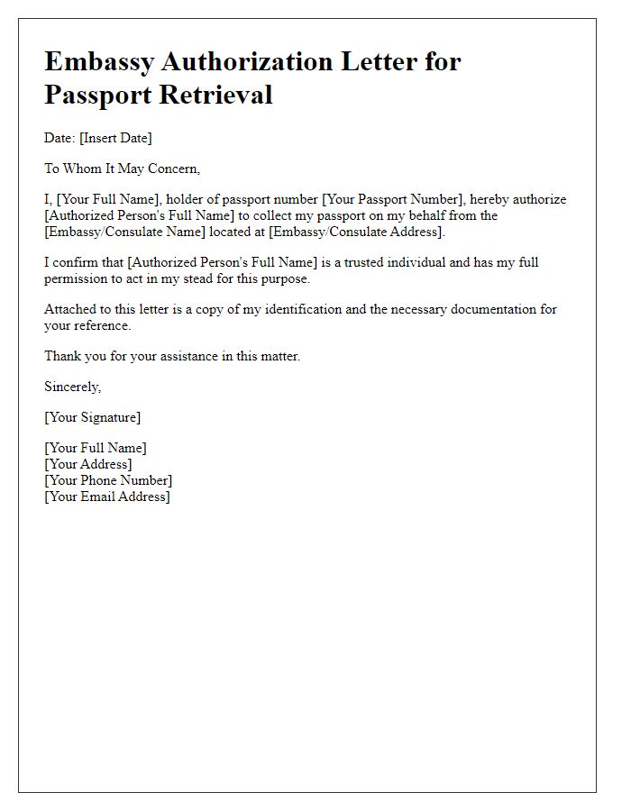 Letter template of embassy authorization for passport retrieval.