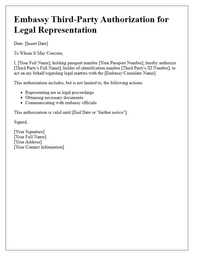 Letter template of embassy third-party authorization for legal representation.