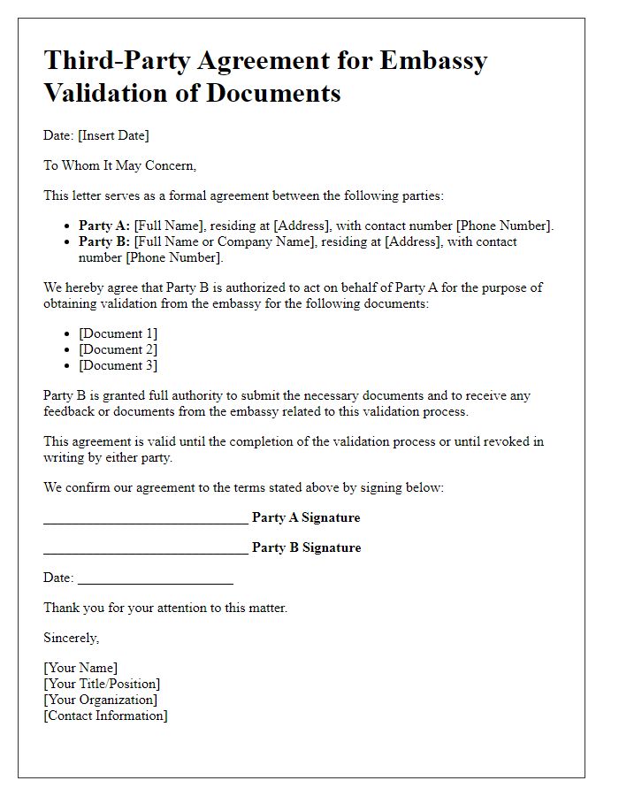 Letter template of third-party agreement for embassy validation of documents.