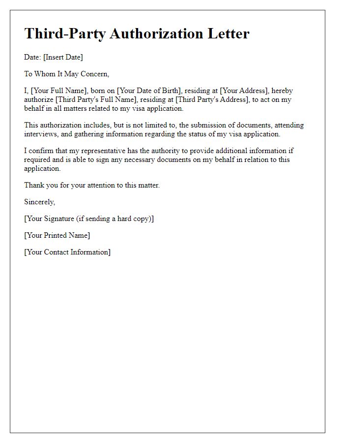 Letter template of third-party authorization for visa application.