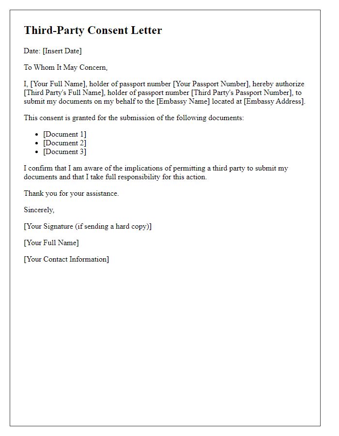 Letter template of third-party consent for document submission at the embassy.