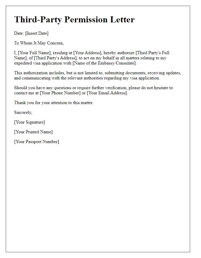 Letter template of third-party permission for expedited visa services.