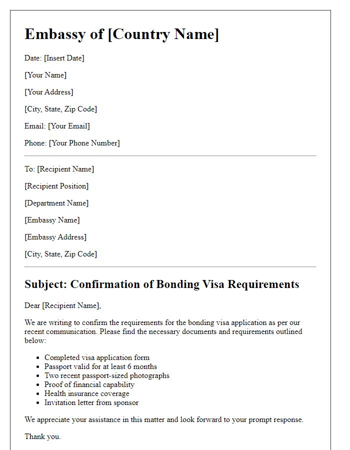 Letter template of embassy bonding visa requirements confirmation