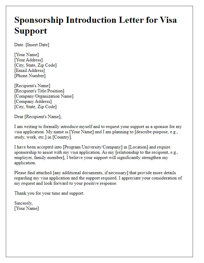 Letter template of sponsorship introduction for visa support