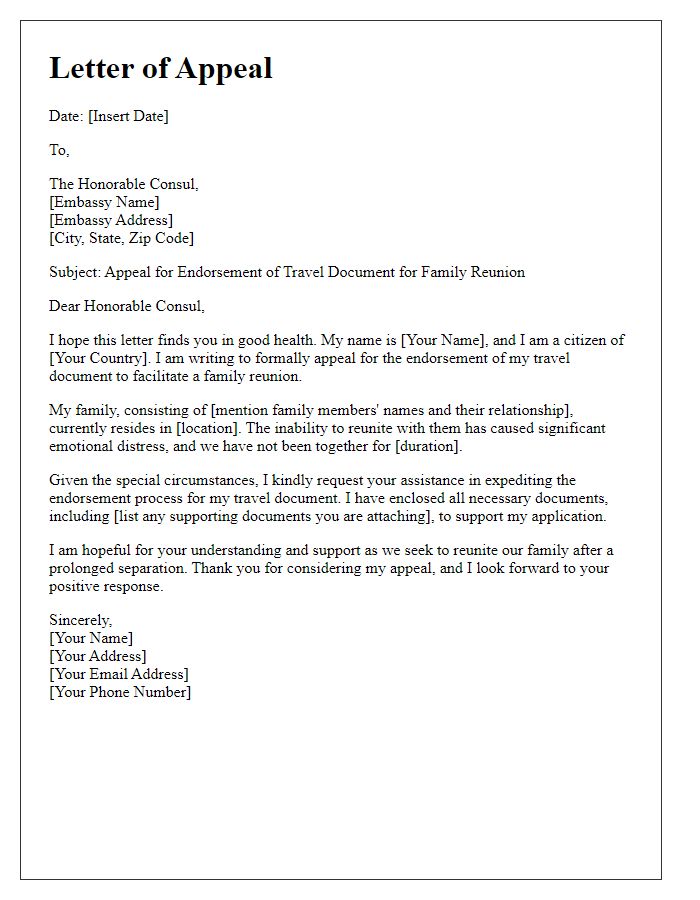 Letter template of appeal for embassy travel document endorsement for family reunion.