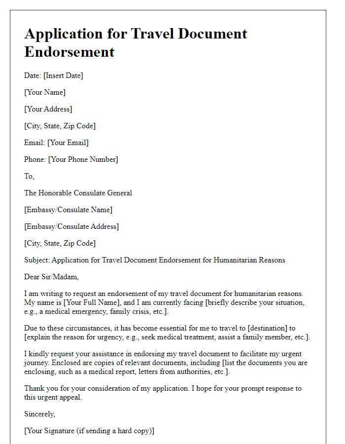 Letter template of application for embassy travel document endorsement for humanitarian reasons.