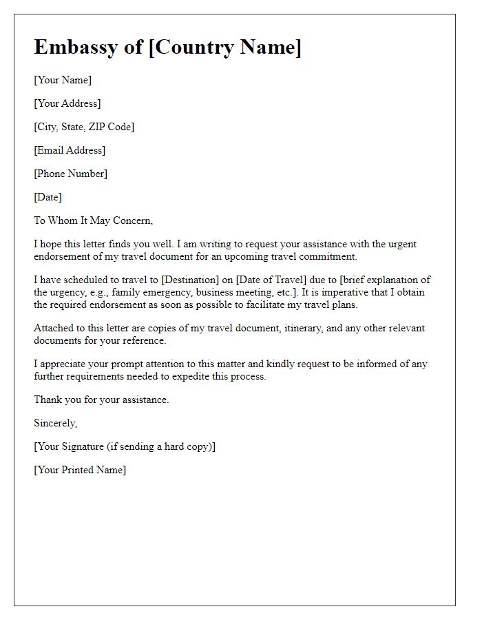 Letter template of request for embassy travel document endorsement for urgent travel.