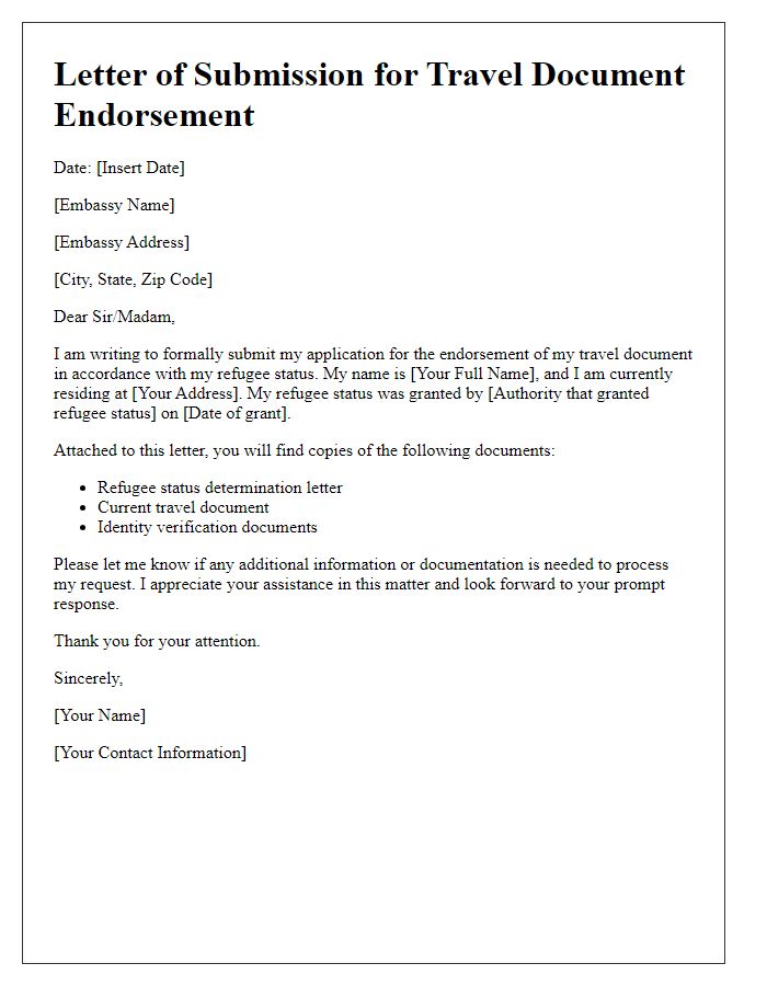 Letter template of submission for embassy travel document endorsement for refugee status.