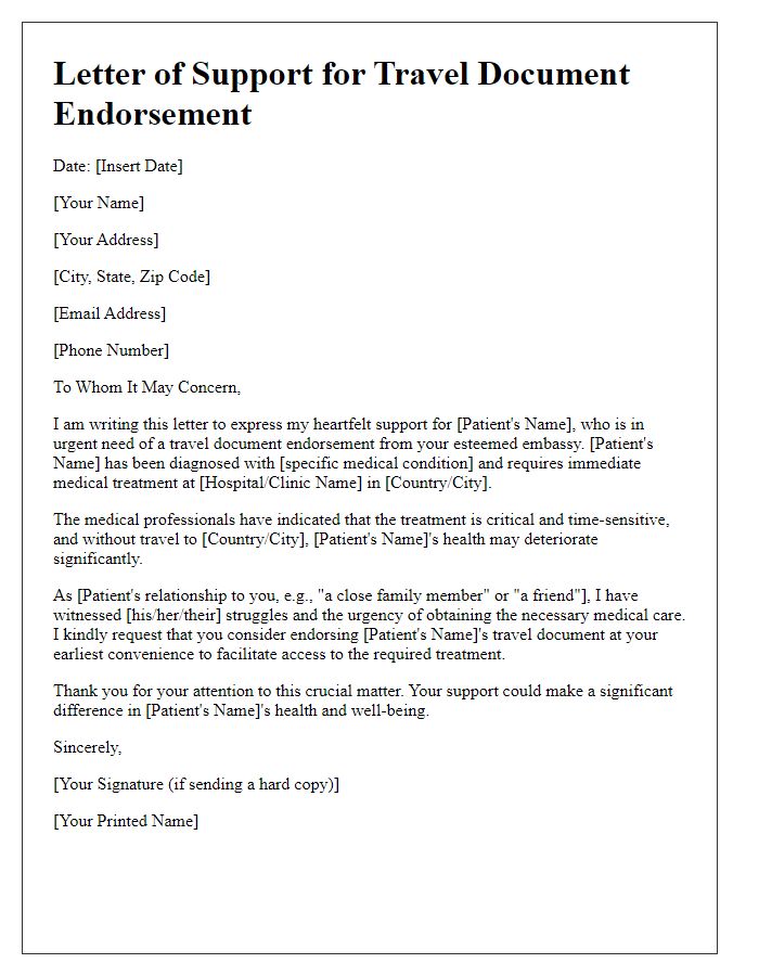 Letter template of support for embassy travel document endorsement for medical treatment.