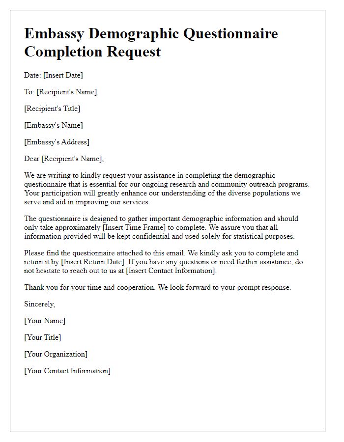 Letter template of embassy demographic questionnaire completion request