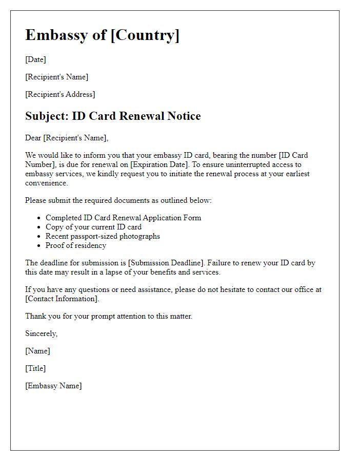 Letter template of embassy ID card renewal notice