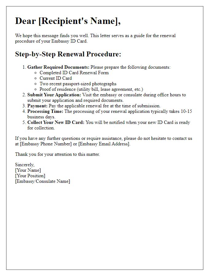 Letter template of embassy ID card renewal procedure