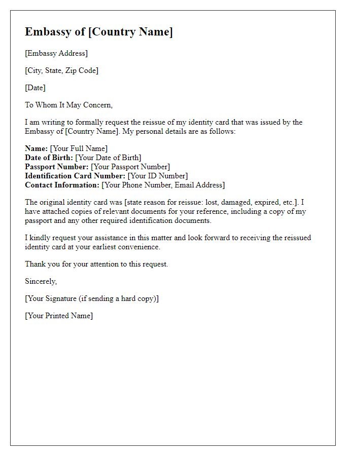 Letter template of embassy identity card reissue application