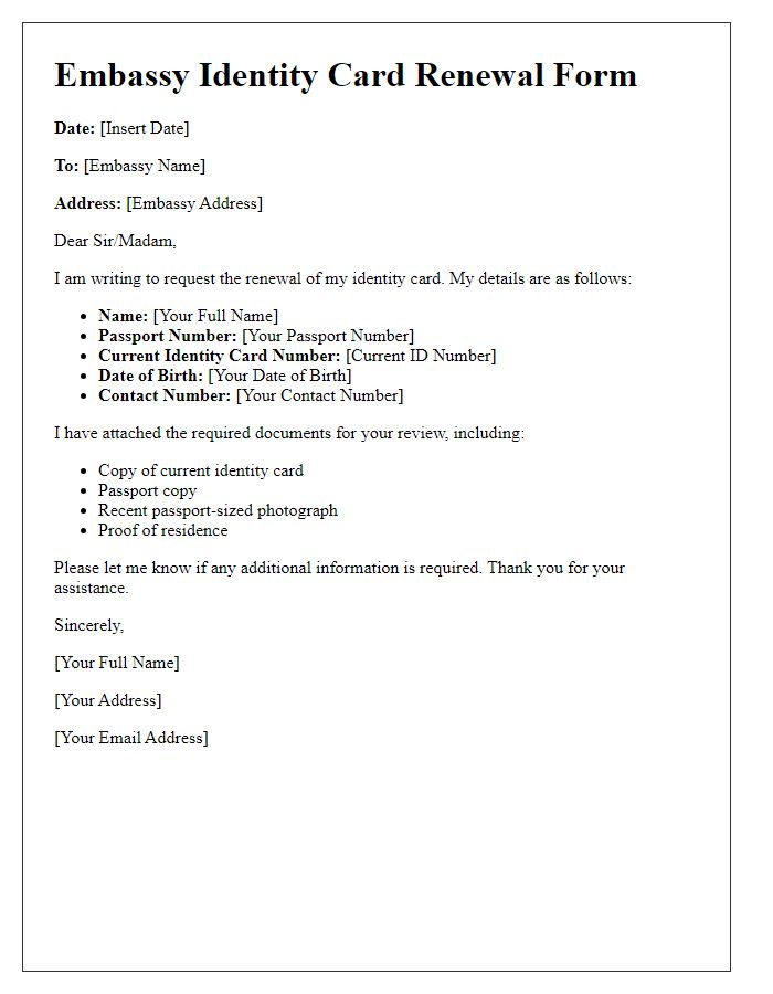 Letter template of embassy identity card renewal form