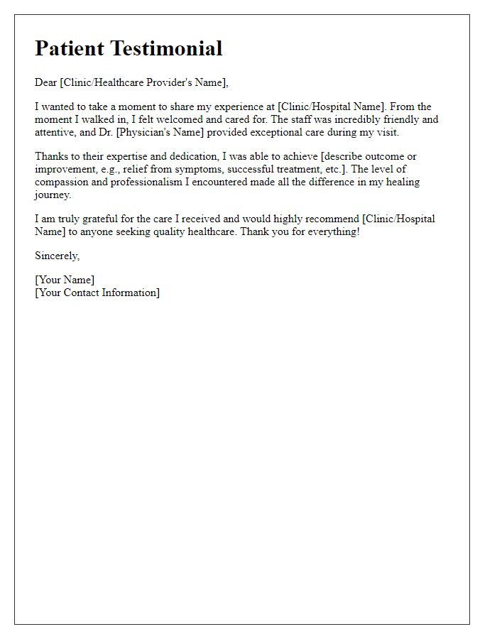 Letter template of a patient testimonial for newsletter inclusion