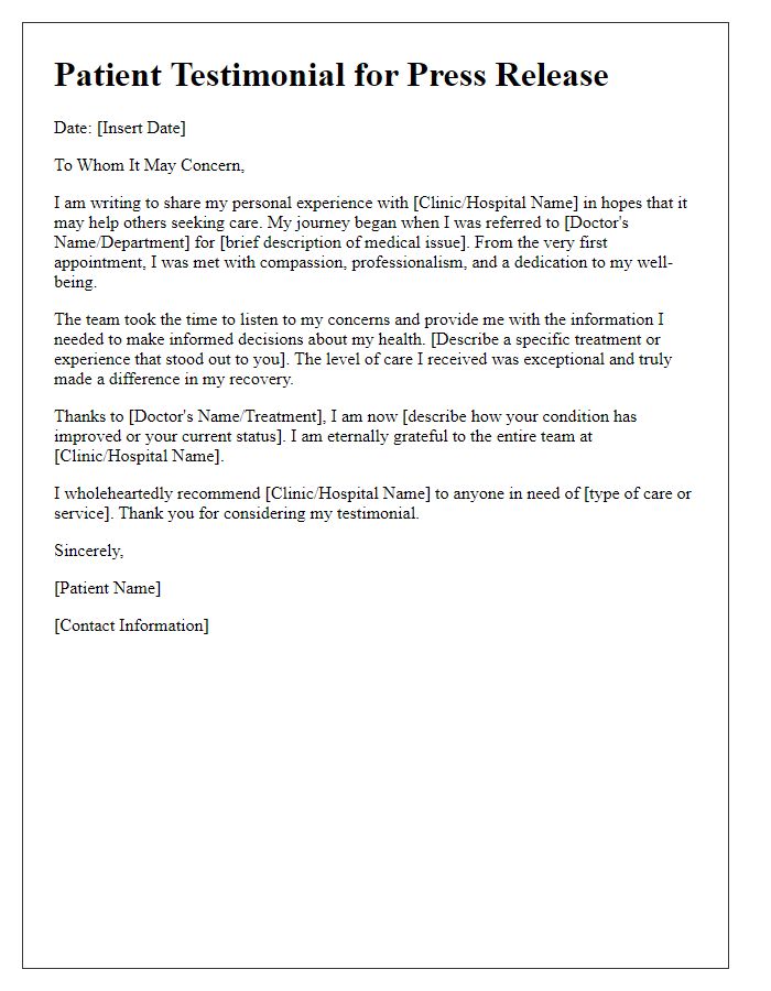 Letter template of a patient testimonial for press releases