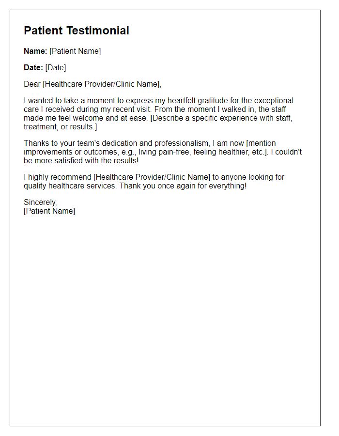 Letter template of a patient testimonial for social media sharing