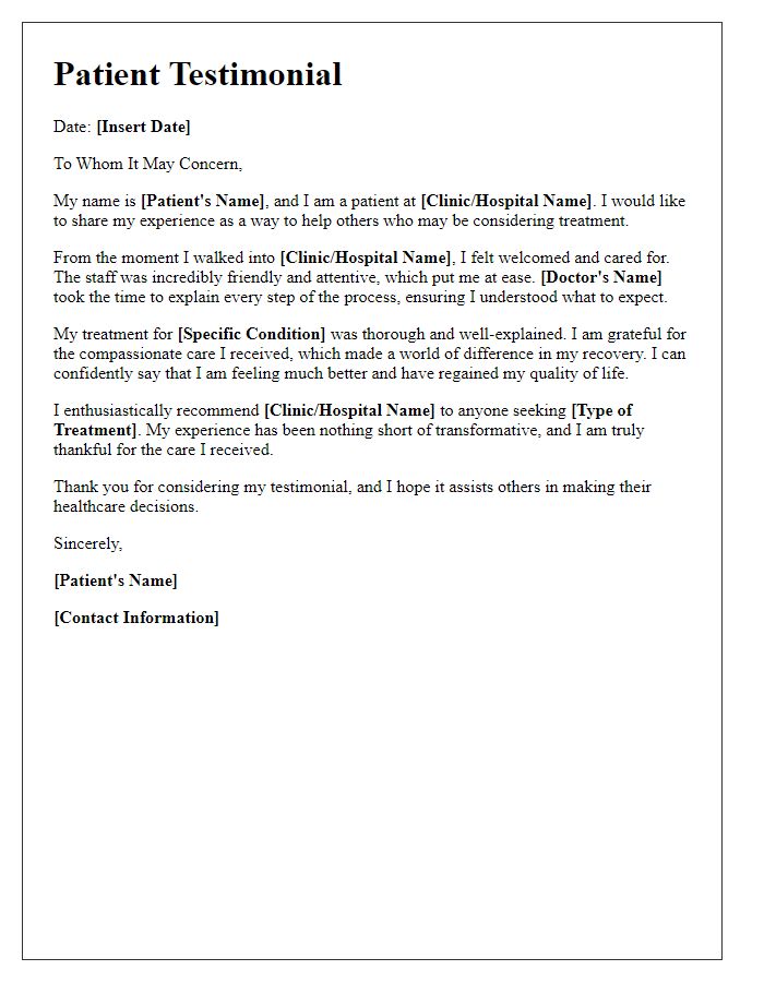 Letter template of a patient testimonial for video content creation