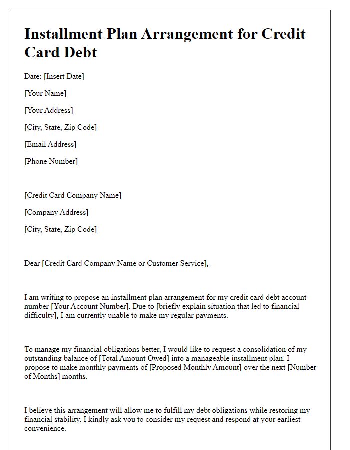 Letter template of installment plan arrangement for credit card debt