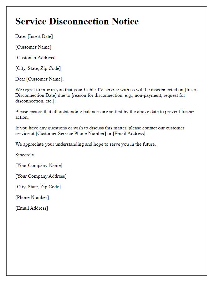 Letter template of Service Disconnection Notice for Cable TV