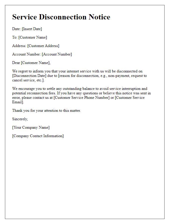 Letter template of Service Disconnection Notice for Internet Service