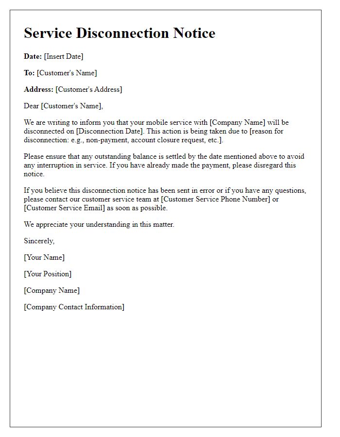 Letter template of Service Disconnection Notice for Mobile Service
