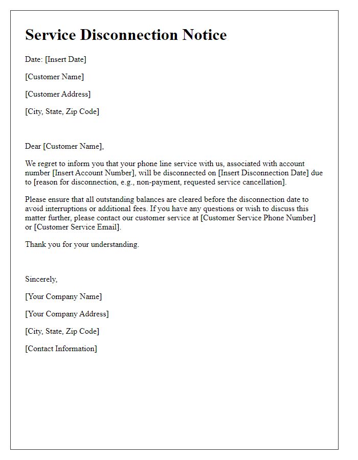 Letter template of Service Disconnection Notice for Phone Line