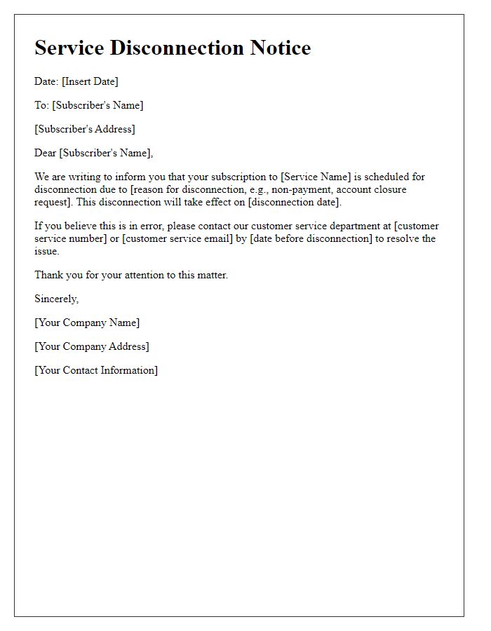 Letter template of Service Disconnection Notice for Subscription Services