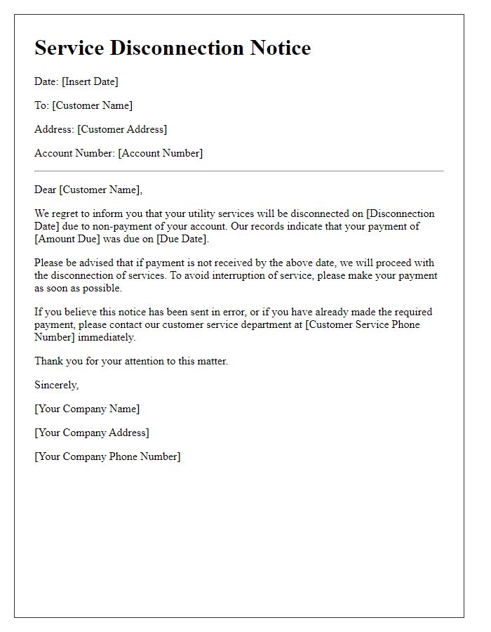 Letter template of Service Disconnection Notice for Utility Services