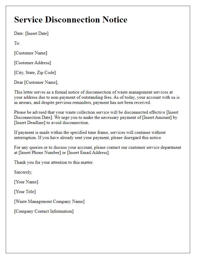 Letter template of Service Disconnection Notice for Waste Management Services