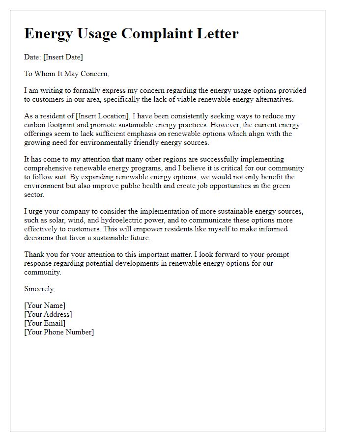 Letter template of energy usage complaint concerning renewable energy options