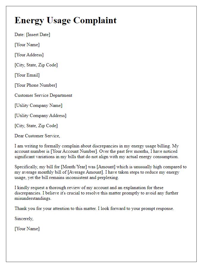 Letter template of energy usage complaint due to billing discrepancies