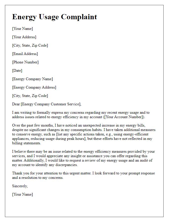 Letter template of energy usage complaint for energy efficiency concerns