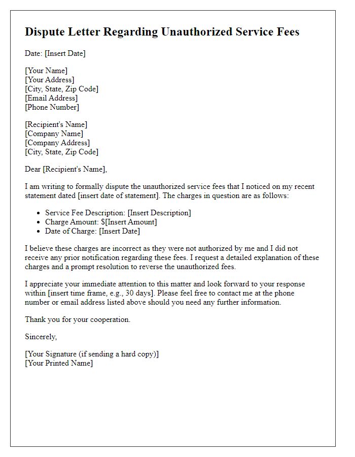 Letter template of dispute regarding unauthorized service fees