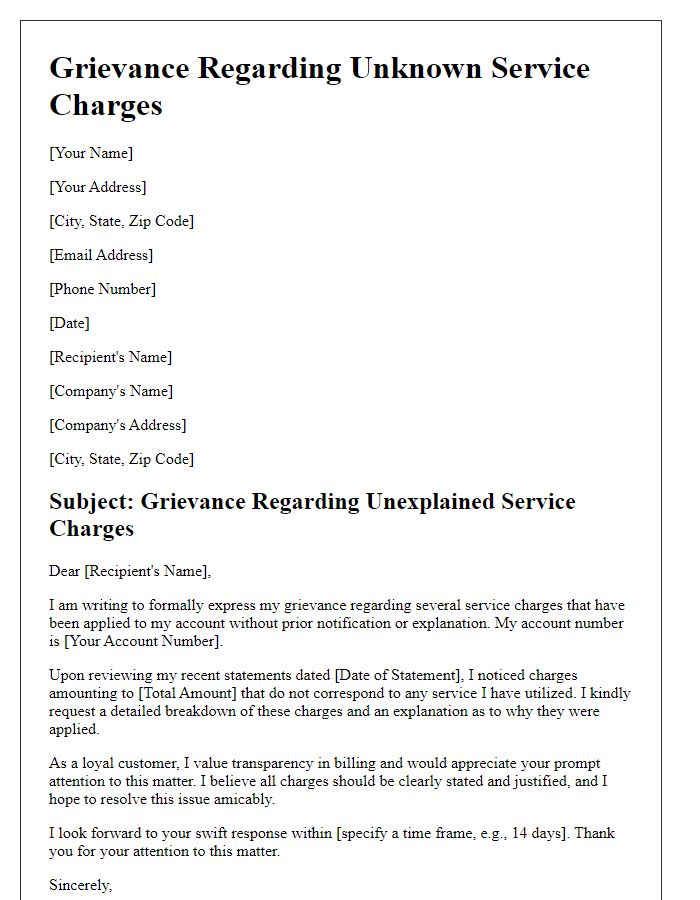 Letter template of grievance regarding unknown service charges