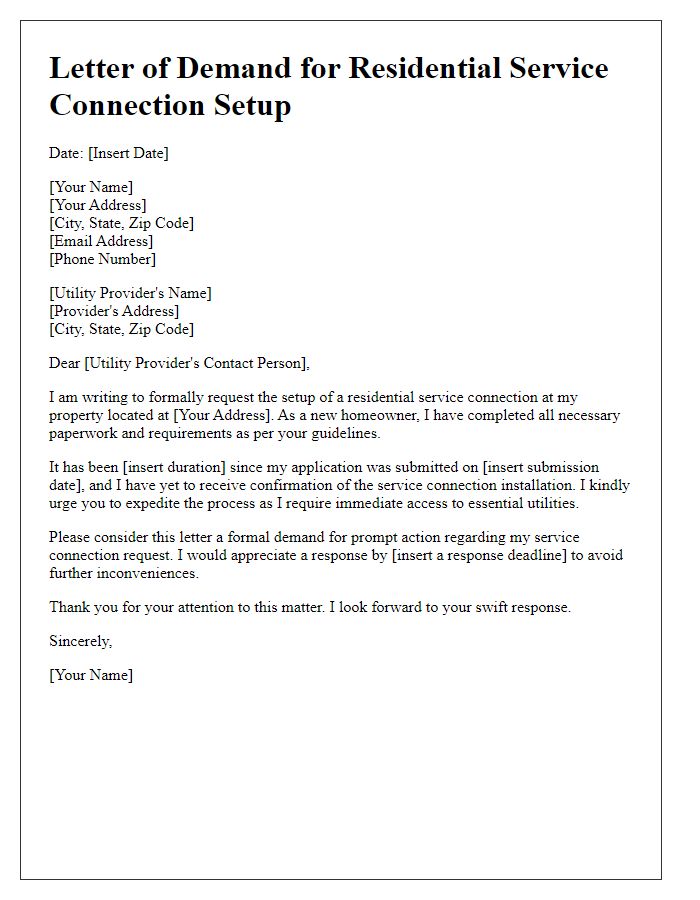 Letter template of demand for residential service connection setup