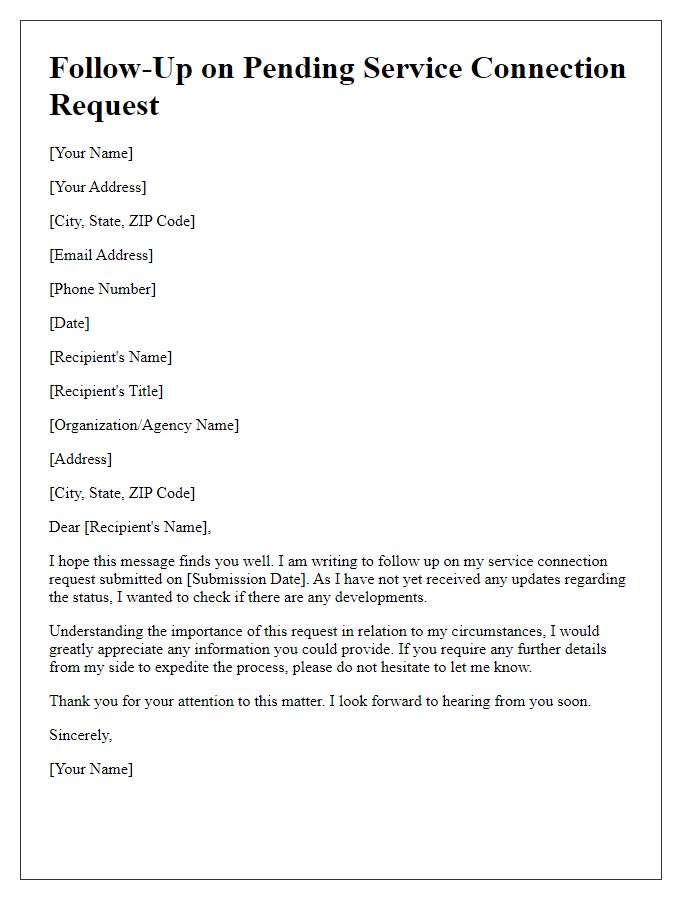 Letter template of follow-up for pending service connection request