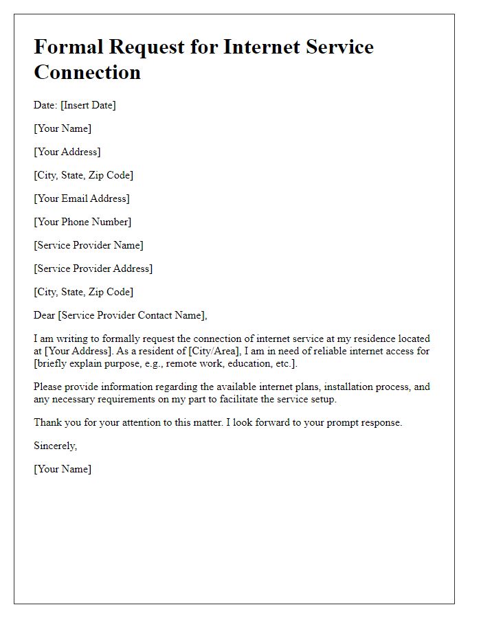 Letter template of formal request for internet service connection