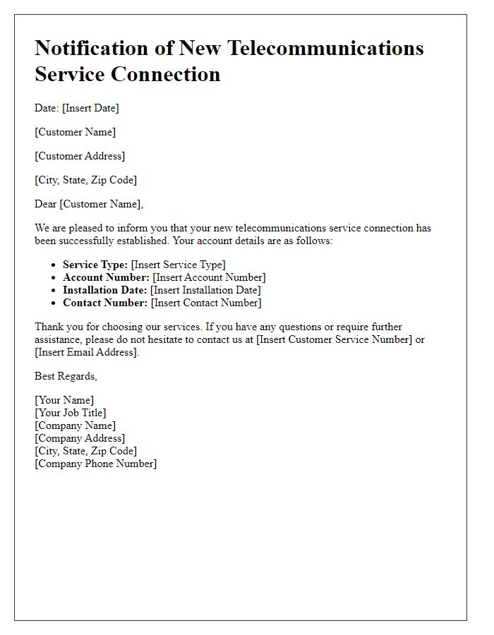 Letter template of notification for new telecommunications service connection