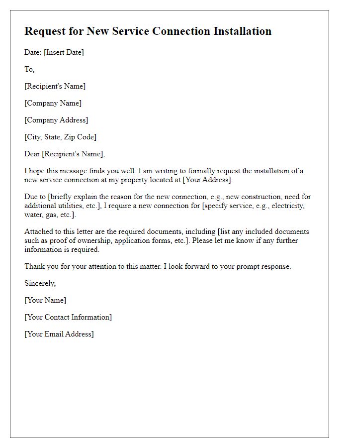 Letter template of request for new service connection installation