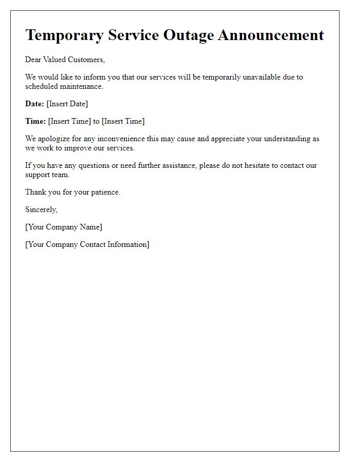 Letter template of temporary service outage announcement