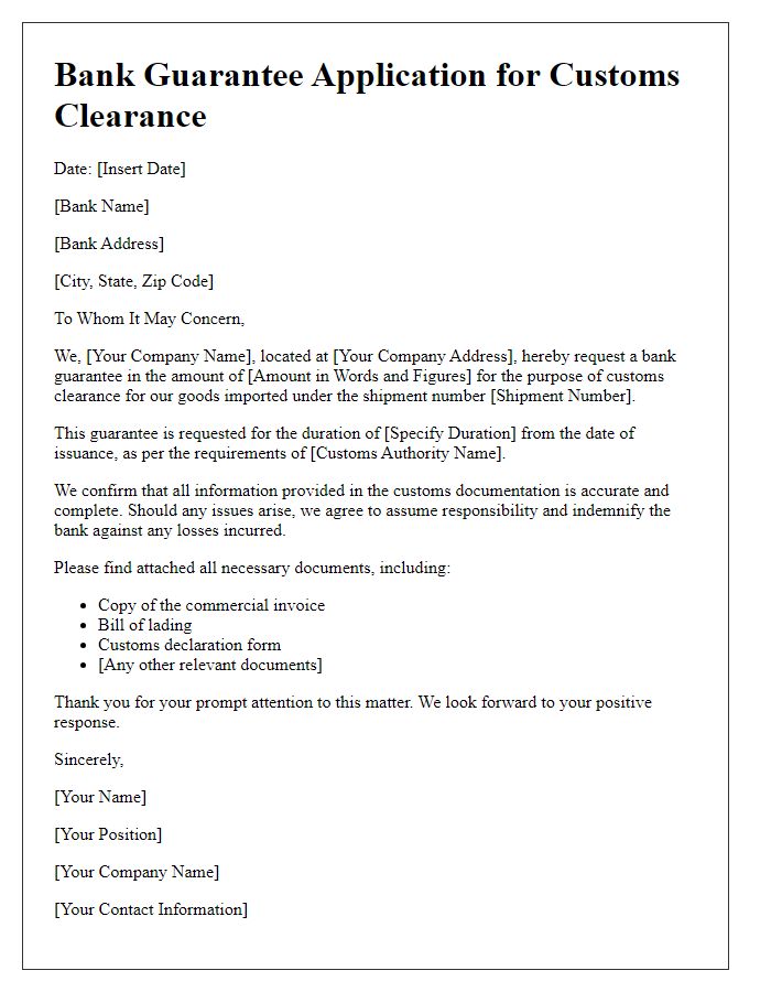 Letter template of bank guarantee application for customs clearance.