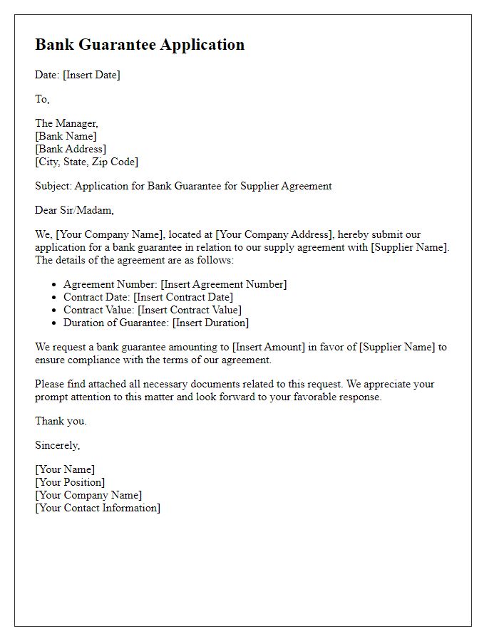 Letter template of bank guarantee application for supplier agreement.