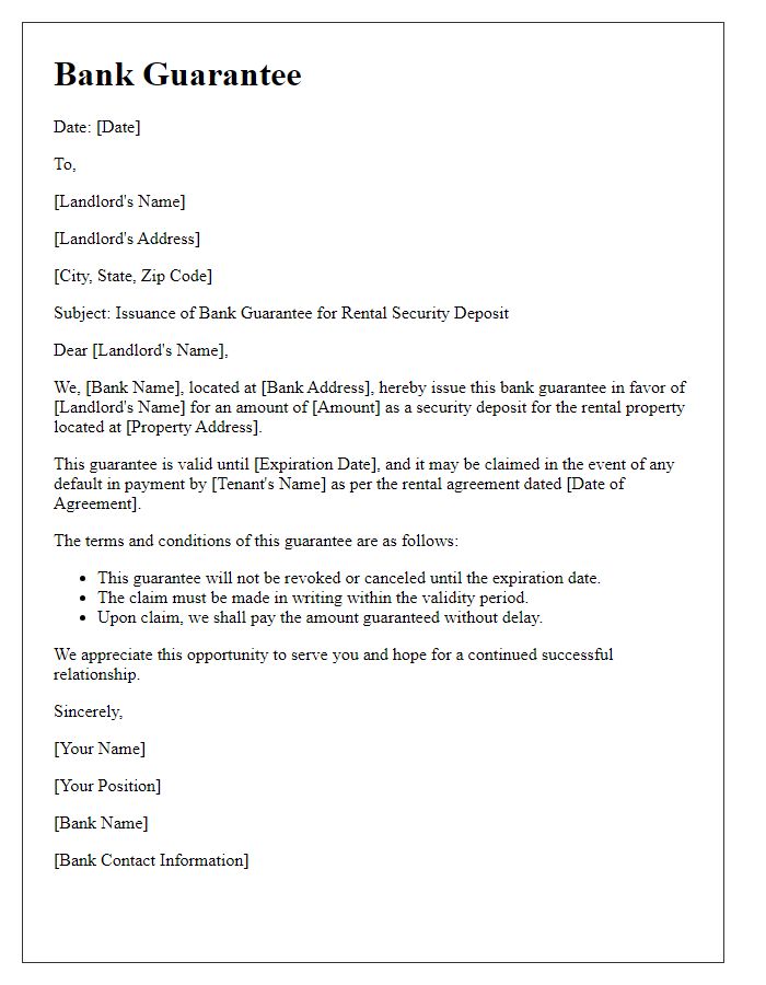 Letter template of bank guarantee issuance for rental security deposit.