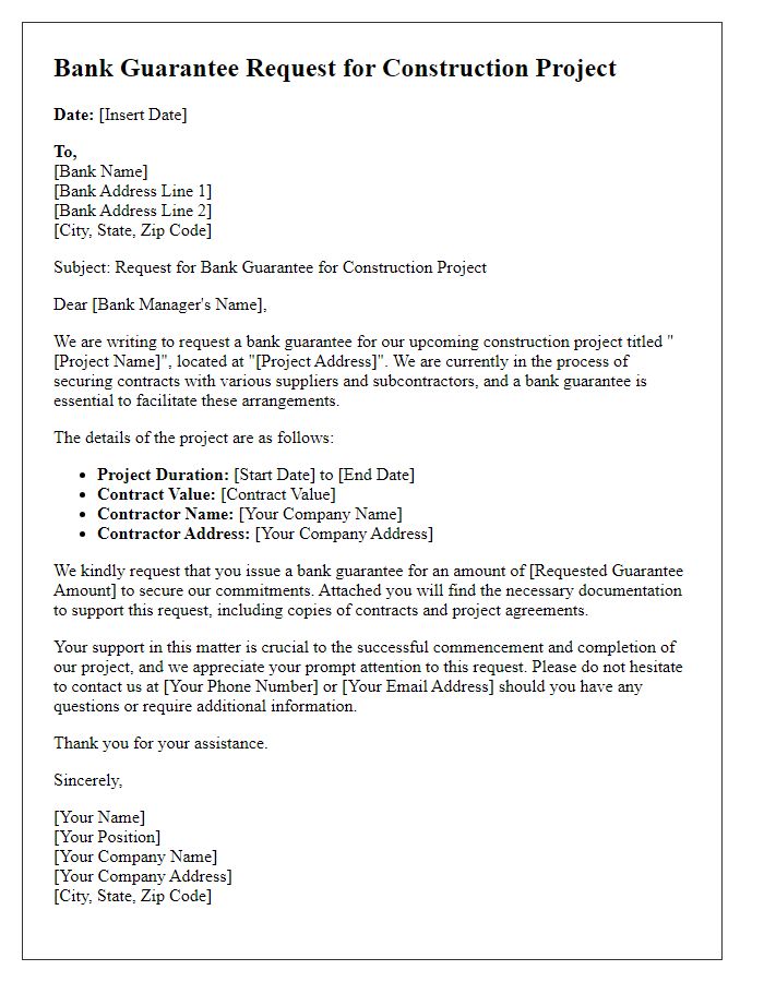 Letter template of bank guarantee request for construction project.