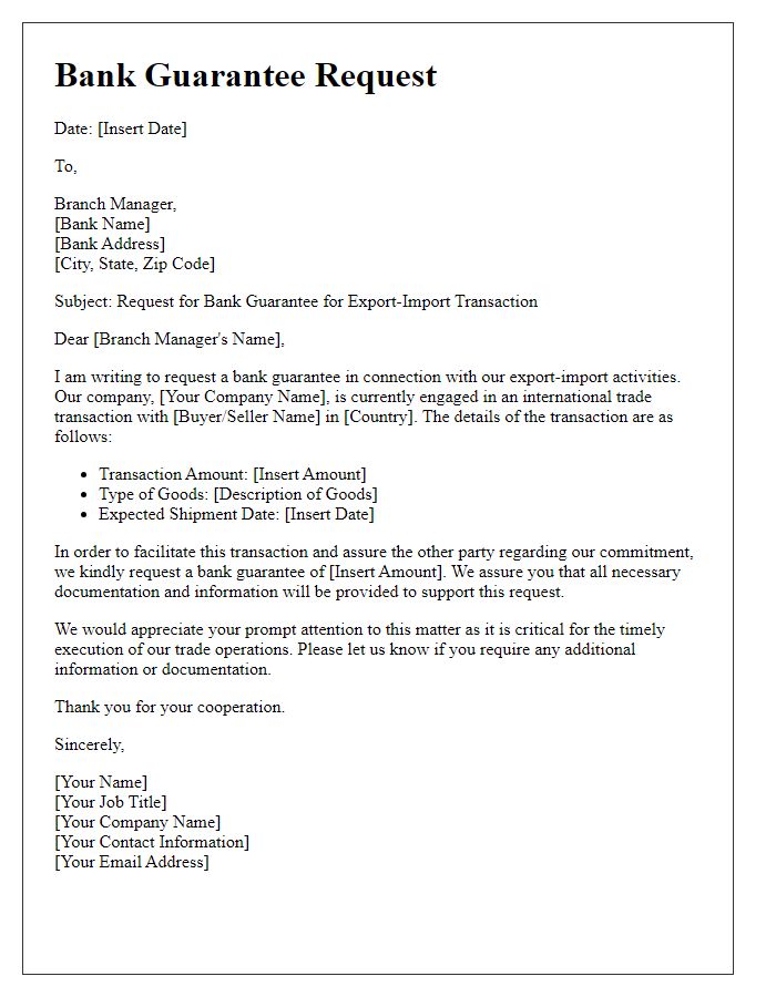 Letter template of bank guarantee request for export-import transaction.