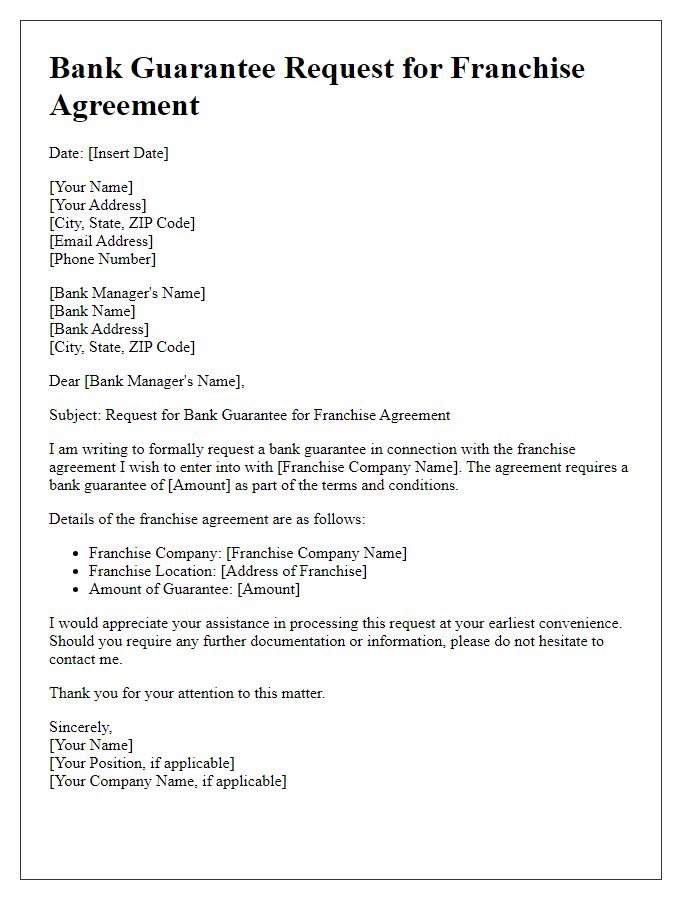 Letter template of bank guarantee request for franchise agreement.